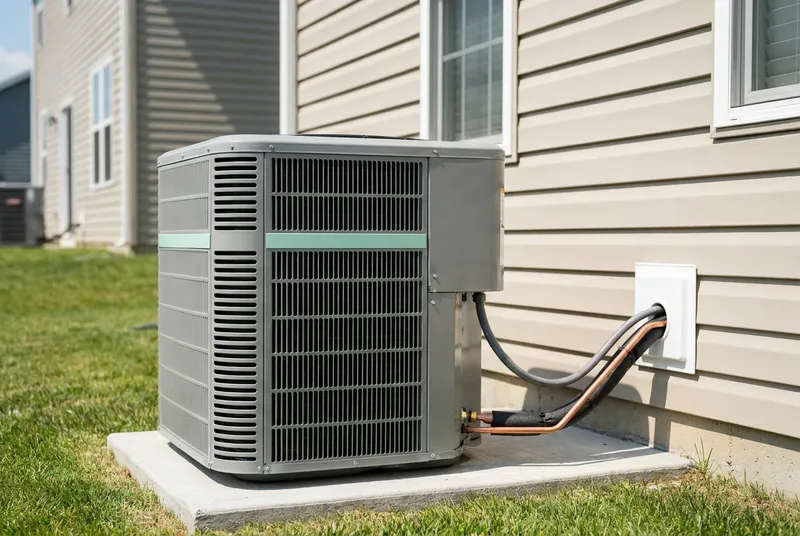 A newly installed high-efficiency air-conditioning condenser on a composite pad beside a modern home, copper lines neatly routed