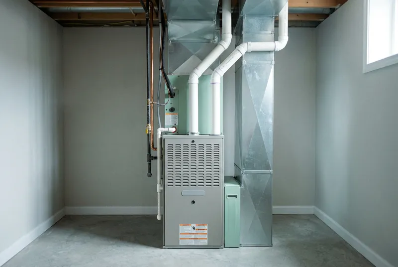 A high-efficiency gas furnace and connected ductwork in a clean finished basement, warm utility light
